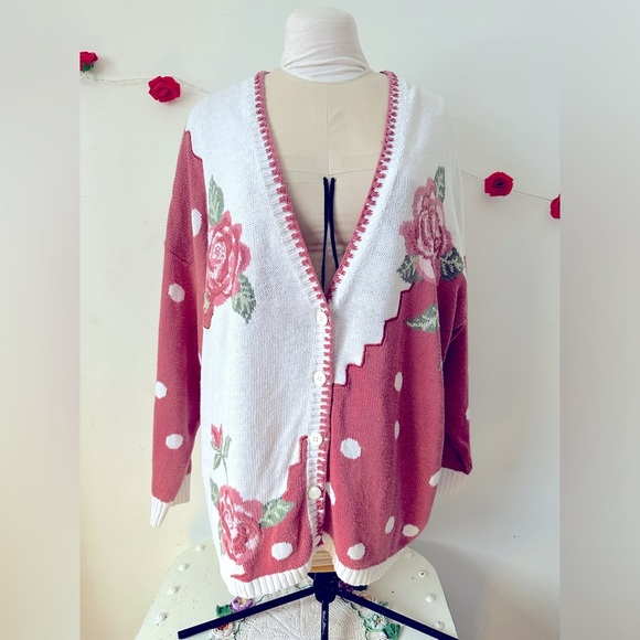 Vintage Rose Floral Cotton Ramie Maggie Lawrence Oversized Sweater Cardigan L XL - Picture 5 of 9